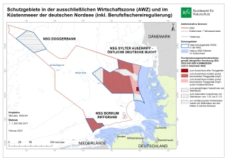 Karte der Schutzgebiete in der ausschließlichen Wirtschaftszone (AWZ) und im Küstenmeer der deutschen Nordsee (inklusive Berufsfischerei)