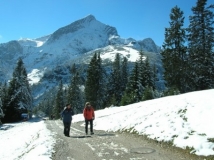 Auf dem Foto sind zwei Frauen zu sehen, die in der winterlichen Landschaft vor der Bergkulisse des Wettersteingebirges wandern.