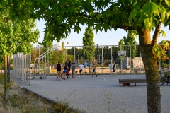 Eine Gruppe Menschen spielt Basketball auf einem Basketballplatz