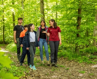 Das Bild zeigt drei Jugendliche und zwei Erwachsene, wie sie gemeinsam in einem Wald spazieren gehen. 