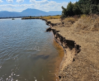 Auf der Abbildung sieht man Ufererosion des Sambesi-Flusses im Mana Pools Nationalpark