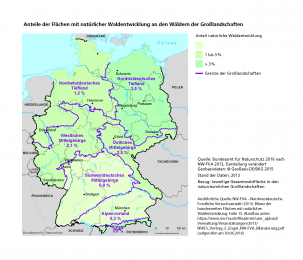 Karte Anteil der Flächen mit natürlicher Waldentwicklung an den Wäldern in den Großlandschaften