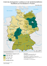 Karte Anteil des ökologischen Landbaus an der landwirtschaftlichen Nutzfläche pro Bundesland in Prozent