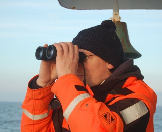 Wissenschaftler beobachtet vom Schiff aus Seevögel mit einem Fernglas
