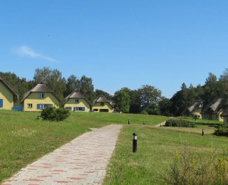 Weg durch eine Wiese mit reetgedeckten Häusern rechts und links